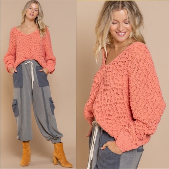 POL Vibrant Coral Off-Shoulder Sweater with Elegant Dolman Sleeves - Picture 3 of 5